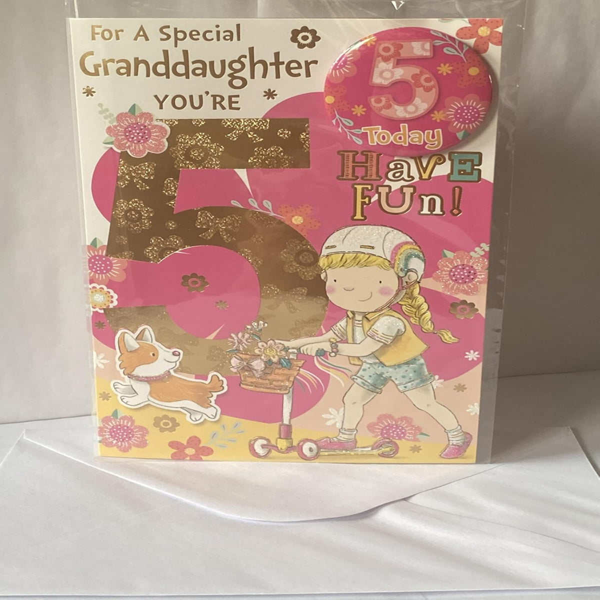 Granddaughter 5th Birthday Card with Badge | Cute Girl, Scooter & Dog Design    -   22cm  x  15cm
