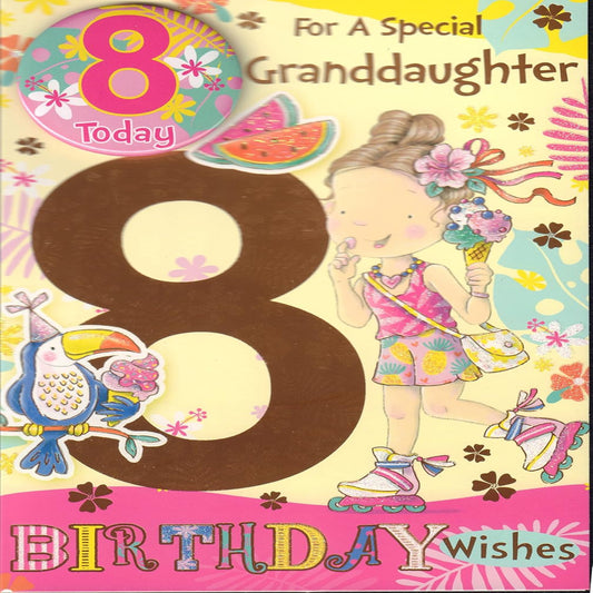 Granddaughter 8th Birthday Card with Badge  -  176mm  x  127mm