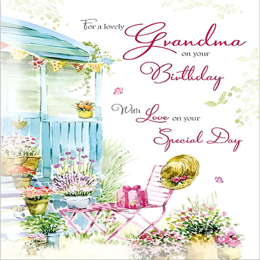 Grandma Birthday Card with Floral Garden Design  –  Paper Rose Special Finish Card  -  152  x  228 mm