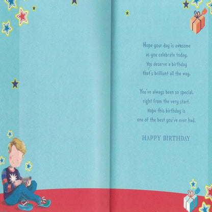 Grandson 10th Birthday Card – Gamer Boy Design with Badge & Envelope  -  22.8  x  15.3 cm