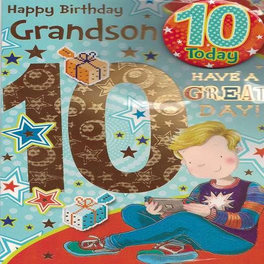 Grandson 10th Birthday Card – Gamer Boy Design with Badge & Envelope  -  22.8  x  15.3 cm
