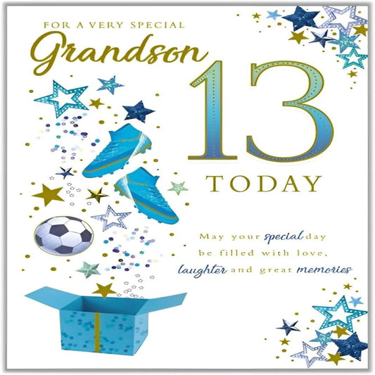 Grandson 13th Birthday Card – Football & Stars Design  -  153  x  228 mm