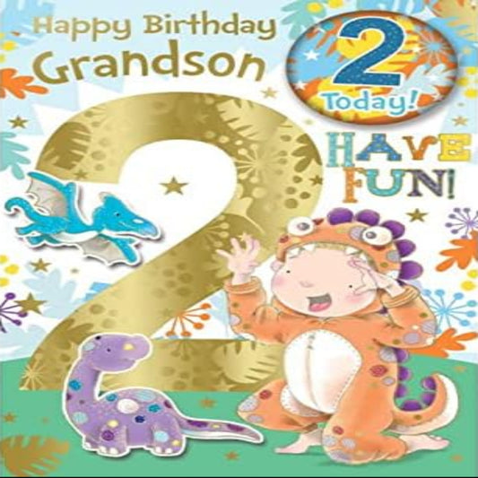 Grandson 2nd Birthday Card with Dinosaur Badge | Age 2 Greeting Card  -  23cm  x 16cm