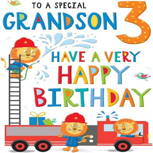 Grandson 3rd Birthday Card | Age 3 Greeting Card   -   9  x  6 inches