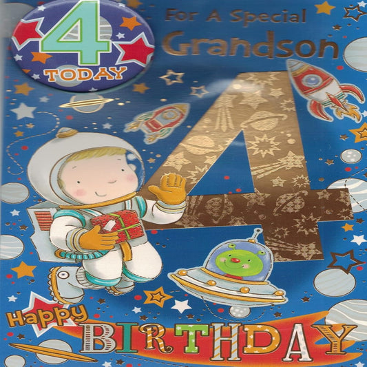 Grandson 4th Birthday Card with Badge  -  9 x 6 inches