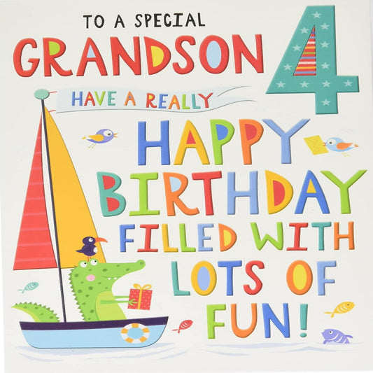 Grandson 4th Birthday Card | Age 4 Greeting Card  -  Regal Publishing  -  blue|green|beige|gold|red   -  9  x  6 inches