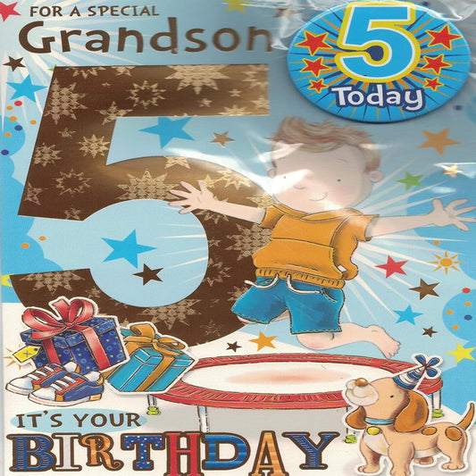 Grandson 5th Birthday Card with Badge |  Age 5 Greeting Card   -   9 x  6  inches