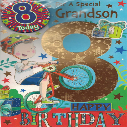 Grandson 8th Birthday Card with Badge   -   9  x  6 inches