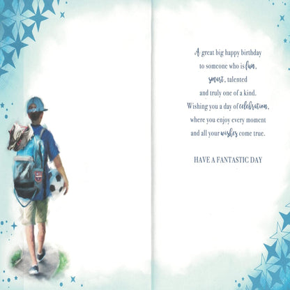 Grandson Birthday Card | Football & Backpack Design with Silver Foil   -  8  x  5.5 inches