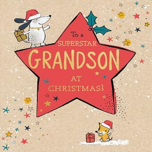 Grandson Christmas Card with Dog   –    Luxury Traditional Xmas Card     -    178   x    154mm