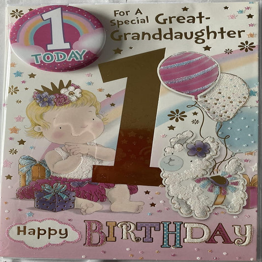 Great-Granddaughter 1st Birthday Card with Badge   -   22cm x 15cm