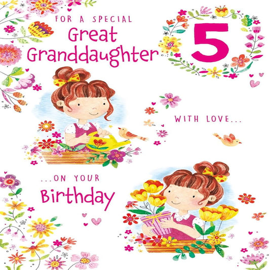 Great Granddaughter 5th Birthday Card Floral Design  -  151mm  x 222 mm