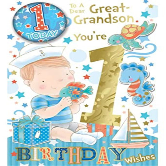 Great-Grandson 1st Birthday Card with Badge  -  9  x  6 inches