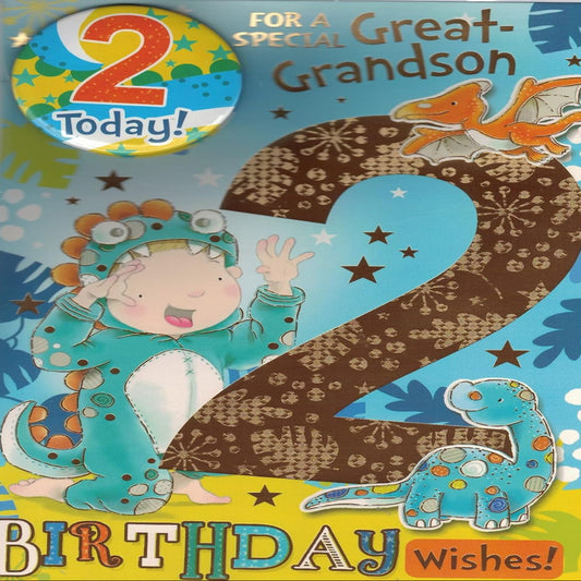 Express Yourself   -   Great Grandson 2nd Birthday Card with Badge   –   Dinosaur Design  -  22.8  x  15.3 cm
