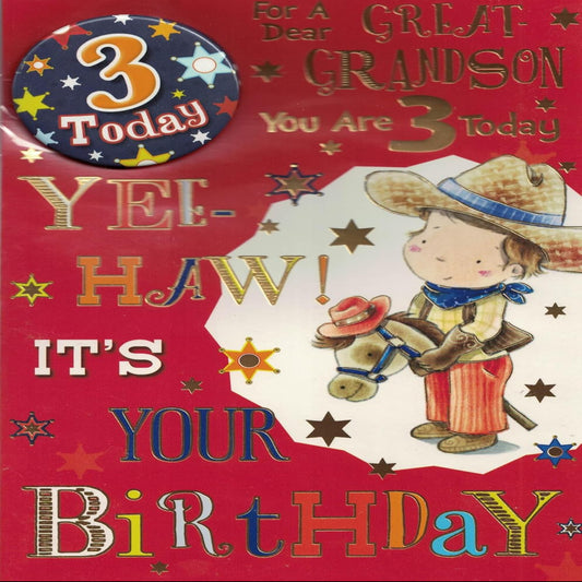 Great-Grandson 3rd Birthday Card   –   Cowboy Theme with Badge  -  Red