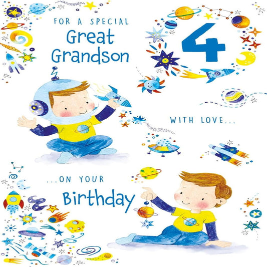 Great Grandson 4th Birthday Card with Space Design  -  151mm  x  222 mm
