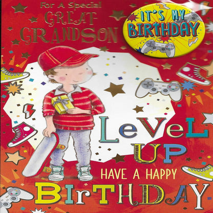 Great Grandson Birthday Card with Badge  -  9 x  6  inches