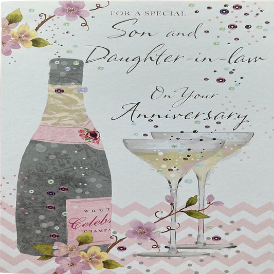 Greetings Son & Daughter-in-Law Anniversary Card  – Champagne Floral    -    23   x   15cm