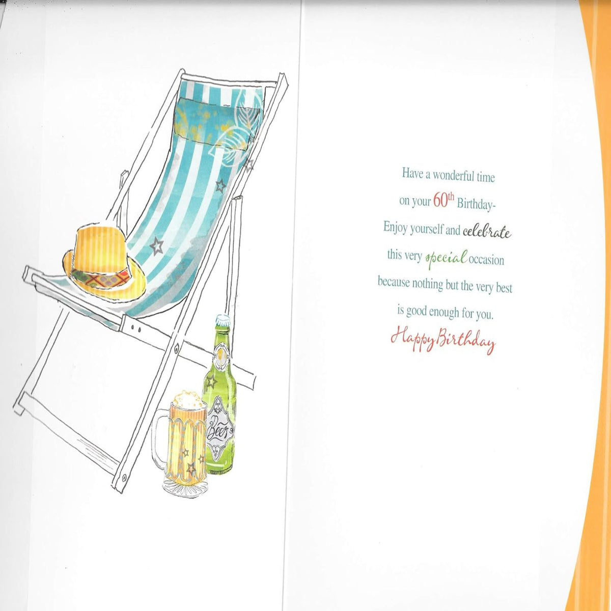 Happy 60th Birthday Card with Deck Chair Design    –   60th Birthday Greeting Card  -  9  x  6 inches