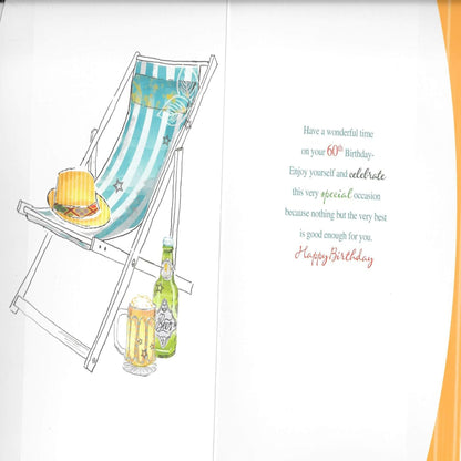 Happy 60th Birthday Card with Deck Chair Design    –   60th Birthday Greeting Card  -  9  x  6 inches