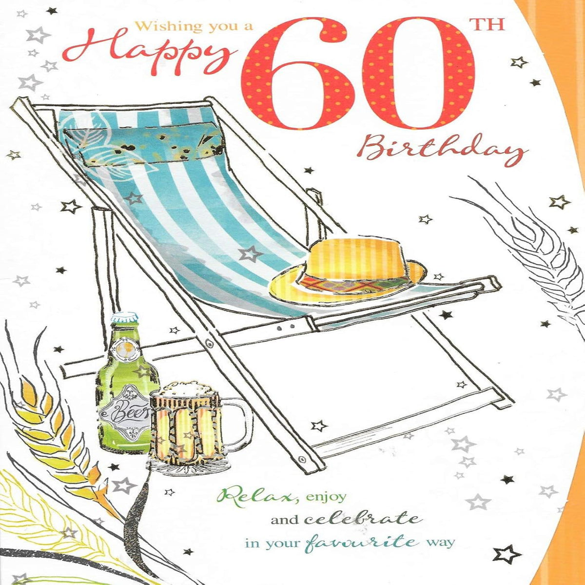 Happy 60th Birthday Card with Deck Chair Design    –   60th Birthday Greeting Card  -  9  x  6 inches