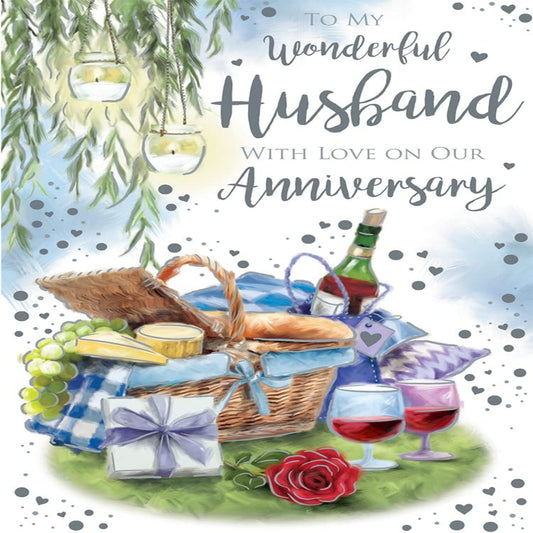 Husband Anniversary Card   –   Picnic Hamper & Wine   -   9   x   6 inches