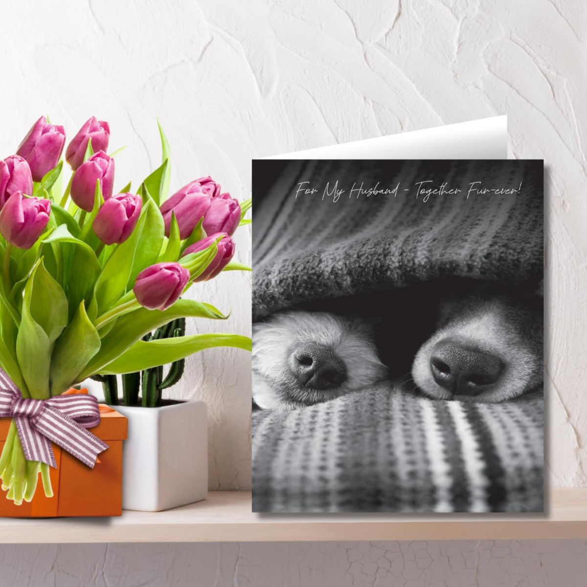 Emotional Rescue Husband Birthday Card with Dogs Under Blanket  -   Greyscale   -  6 x 7 inches