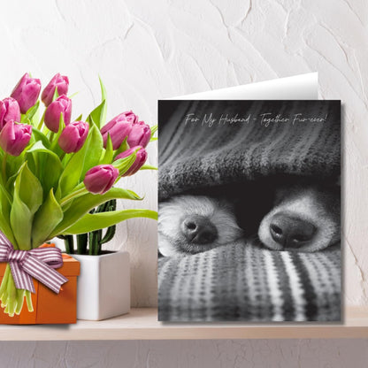 Emotional Rescue Husband Birthday Card with Dogs Under Blanket  -   Greyscale   -  6 x 7 inches