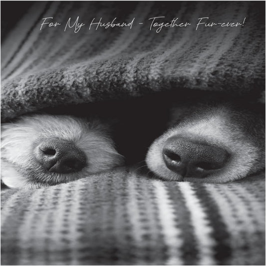 Emotional Rescue Husband Birthday Card with Dogs Under Blanket  -   Greyscale   -  6 x 7 inches
