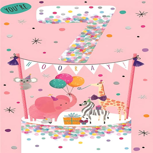 Kingfisher Girl’s 7th Birthday Card with Animal Party & Foil Finish  -  228  x  119mm