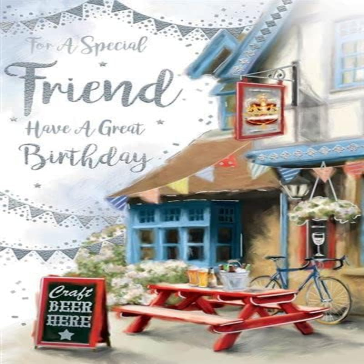 Kingfisher Male Special Friend Birthday Card – Pub & Bicycle  -  228  x  153mm