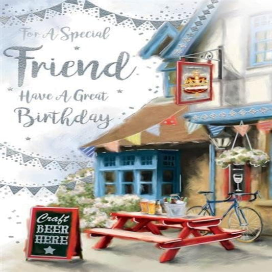 Kingfisher Male Special Friend Birthday Card – Pub & Bicycle  -  228  x  153mm