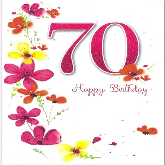 Ladies 70th Birthday Card with Flowers & Glitter  -   19cm x 13.5cm