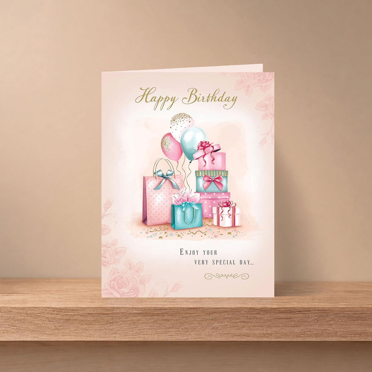 Luxury Birthday Card for Her with Gifts and Balloons   –   8  x  6 inches