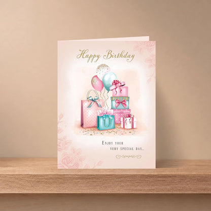 Luxury Birthday Card for Her with Gifts and Balloons   –   8  x  6 inches