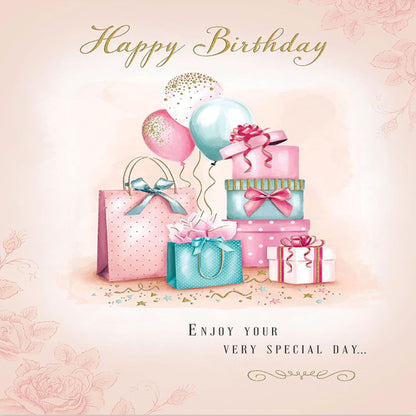 Luxury Birthday Card for Her with Gifts and Balloons   –   8  x  6 inches