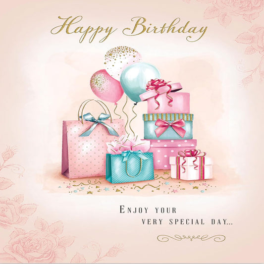 Luxury Birthday Card for Her with Gifts and Balloons   –   8  x  6 inches