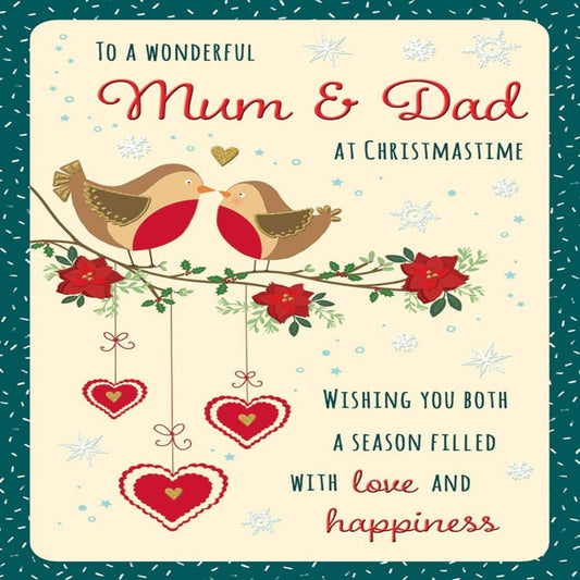 Modern Christmas Card for Mum & Dad | Piccadilly Greetings 2 Robins Card  -  7 x 5 inches
