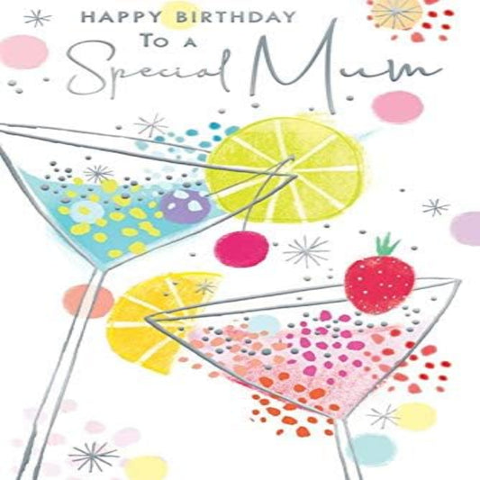 Mum Birthday Card    –   Cocktails and Glasses Design with Verse    -    15.2cm   x   22.8cm