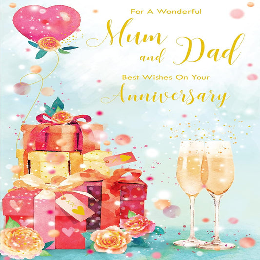Mum & Dad Anniversary Card | Champagne Foil Anniversary Greeting Card   -  15cm x 23cm
