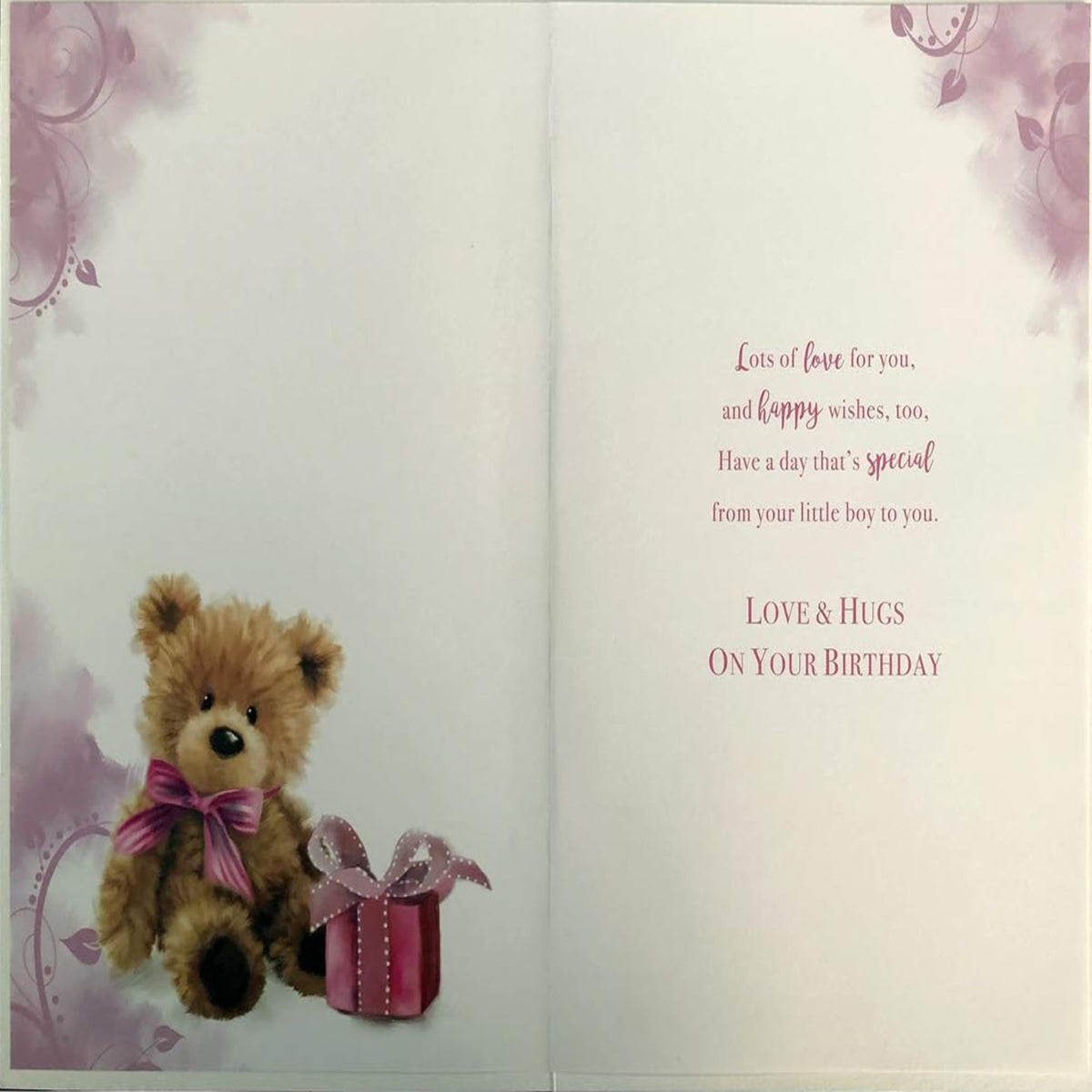 Mummy Birthday Card from Little Boy   –   Teddy Bear and Present Design  -  15.2cm  x  22.8cm
