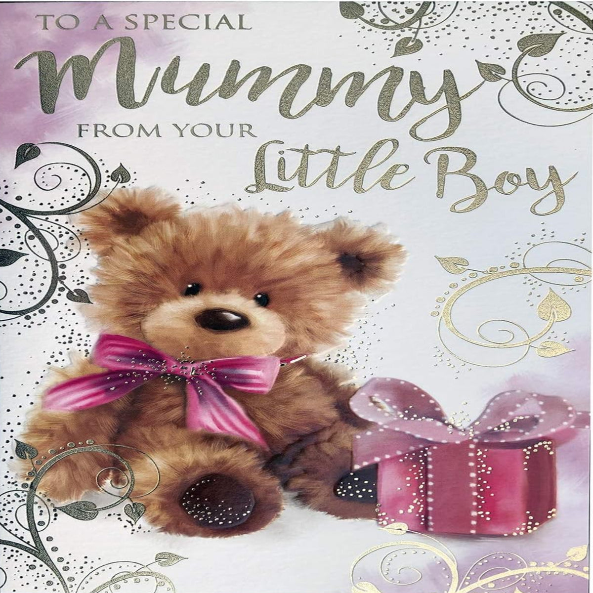 Mummy Birthday Card from Little Boy   –   Teddy Bear and Present Design  -  15.2cm  x  22.8cm