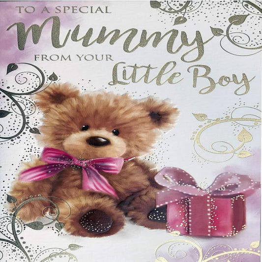 Mummy Birthday Card from Little Boy   –   Teddy Bear and Present Design  -  15.2cm  x  22.8cm