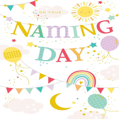 Naming Day Card with Rainbow Foil Finish | Beautiful Greeting Card   -    Lovely Verse     -   13cm   x   19cm