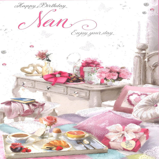 Nan Birthday Card – Breakfast in Bed Floral Vintage Bedroom Design  -  160mm  x  240mm