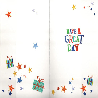 Nephew Birthday Card   –    Colourful Party Popper & Presents   -   210  x  290 mm