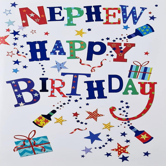 Nephew Birthday Card   –    Colourful Party Popper & Presents   -   210  x  290 mm