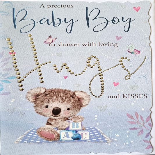 New Baby Boy Card   –   Precious Baby Boy Kisses & Hugs   -    13   x   19 cm