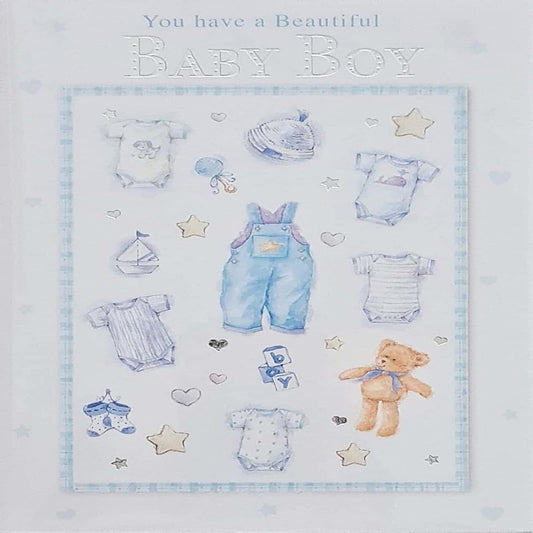 New Baby Boy Congratulations Card   -   Baby Clothes Design    -   132 x 191mm
