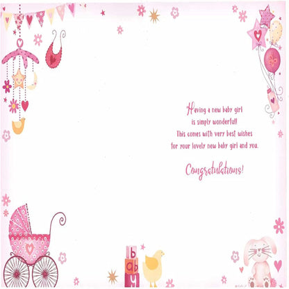 New Baby Girl Congratulations Card  –  Traditional Pink Baby Greeting Card  -  19.5 cm  x  13.5 cm